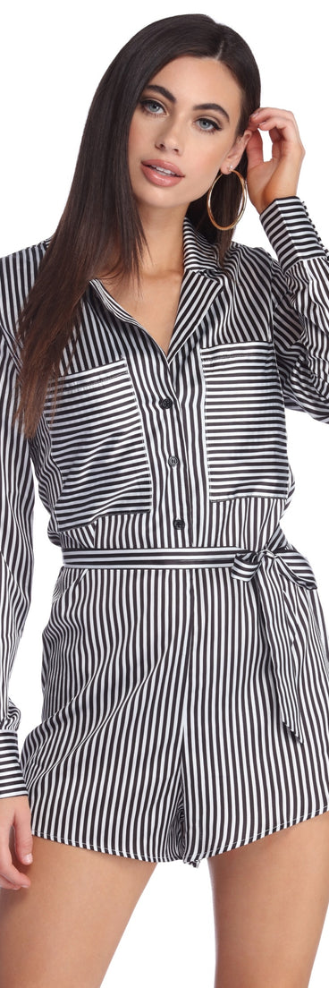 Stylishly Striped Shirt Romper will help you dress the part in stylish holiday party attire, an outfit for a New Year’s Eve party, & dressy or cocktail attire for any event.