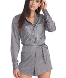 Stylishly Striped Shirt Romper will help you dress the part in stylish holiday party attire, an outfit for a New Year’s Eve party, & dressy or cocktail attire for any event.