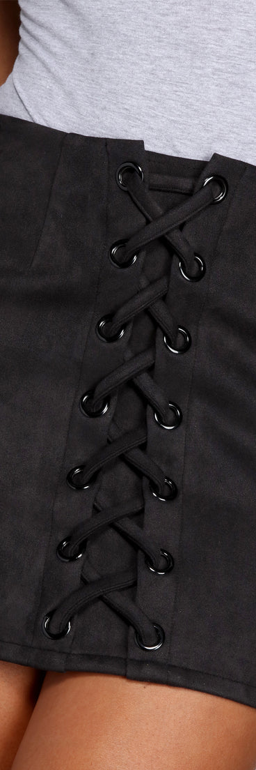 Faux Suede Lattice Mini Skirt for 2022 festival outfits, festival dress, outfits for raves, concert outfits, and/or club outfits