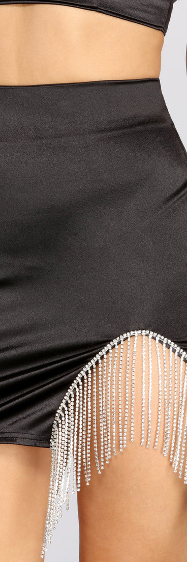 You’ll look stunning in the Play No Games Satin Rhinestone Mini Skirt when paired with its matching separate to create a glam clothing set perfect for a New Year’s Eve Party Outfit or Holiday Outfit for any event!