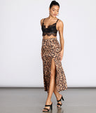 Leopard Print Stretch Satin Midi Skirt for 2023 festival outfits, festival dress, outfits for raves, concert outfits, and/or club outfits