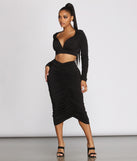 Excuse Me Miss Ruched Midi Skirt provides a stylish start to creating your best summer outfits of the season with on-trend details for 2023!