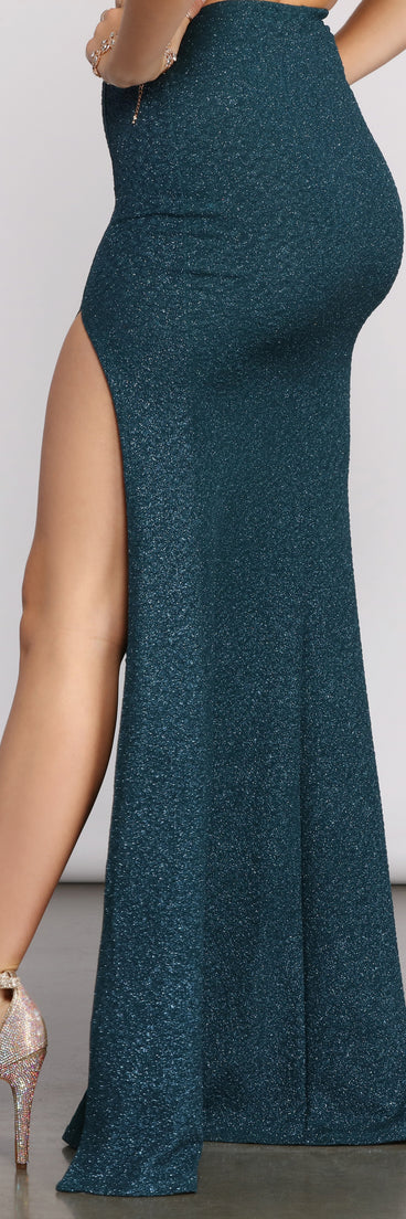 High Front Slit on Under The Sea High Slit Glitter Maxi Skirt