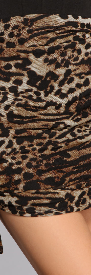 Ruched Leopard Print Mini Skirt is a trendy pick to create 2023 festival outfits, festival dresses, outfits for concerts or raves, and complete your best party outfits!