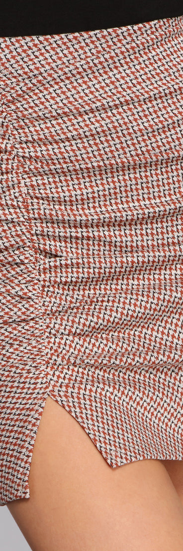 High Waist Houndstooth Ruched Mini Skirt for 2023 festival outfits, festival dress, outfits for raves, concert outfits, and/or club outfits