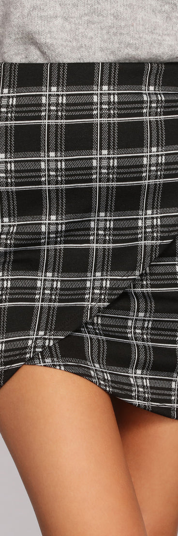 High Waist Faux Wrap Plaid Mini Skirt for 2023 festival outfits, festival dress, outfits for raves, concert outfits, and/or club outfits