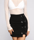 Lace-Up Glam Ponte Knit Mini Skirt for 2023 festival outfits, festival dress, outfits for raves, concert outfits, and/or club outfits