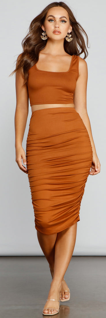Chic And Basic Ruched Midi Skirt provides a stylish start to creating your best summer outfits of the season with on-trend details for 2023!