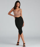 Sleek And Stylin' Ruched Midi Skirt provides a stylish start to creating your best summer outfits of the season with on-trend details for 2023!
