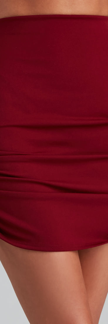 Chic Moment Ruched Mini Skirt elevates your outfits for holiday events, Christmas attire, formal events, or holiday party dresses to look picture-perfect at any event this season!