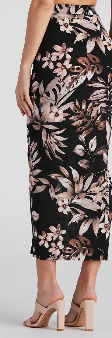 Island Flower High Slit Midi Skirt provides a stylish start to creating your best summer outfits of the season with on-trend details for 2023!