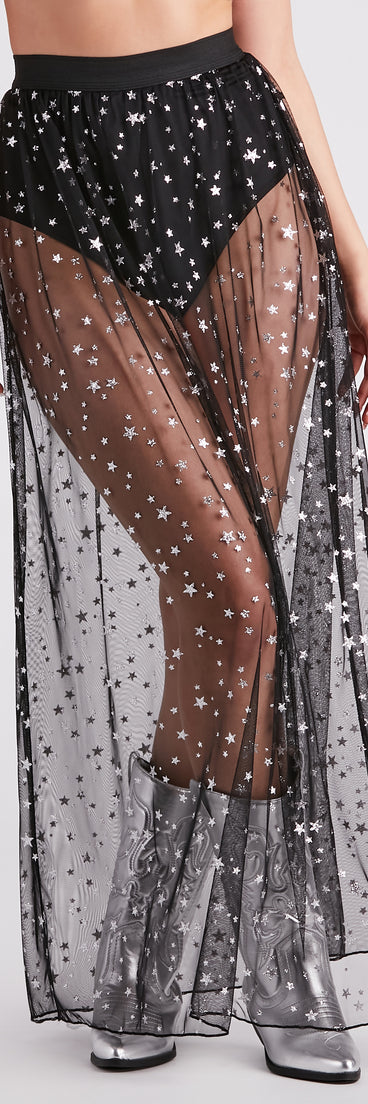 Starry-Eyed Sheer Mesh Maxi Skirt is a fire pick to create 2023 festival outfits, concert dresses, outfits for raves, or to complete your best party outfits or clubwear!