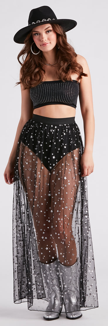 Starry-Eyed Sheer Mesh Maxi Skirt is a fire pick to create 2023 festival outfits, concert dresses, outfits for raves, or to complete your best party outfits or clubwear!