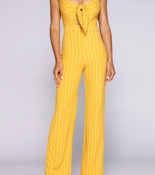 All For One Striped Jumpsuit will help you dress the part in stylish holiday party attire, an outfit for a New Year’s Eve party, & dressy or cocktail attire for any event.