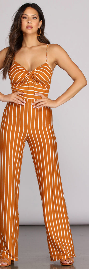 Knot About It Striped Jumpsuit will help you dress the part in stylish holiday party attire, an outfit for a New Year’s Eve party, & dressy or cocktail attire for any event.