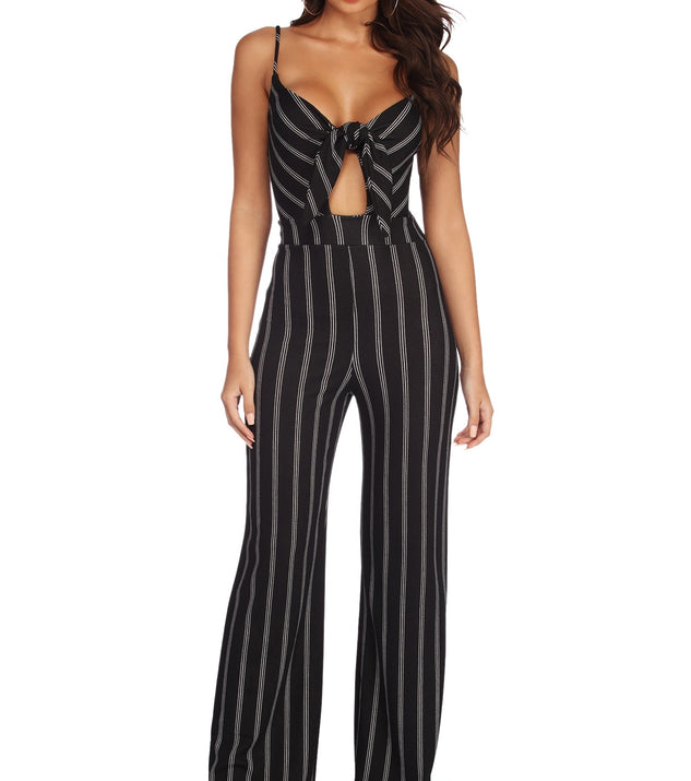 Stand Out Striped Tie Front Jumpsuit will help you dress the part in stylish holiday party attire, an outfit for a New Year’s Eve party, & dressy or cocktail attire for any event.