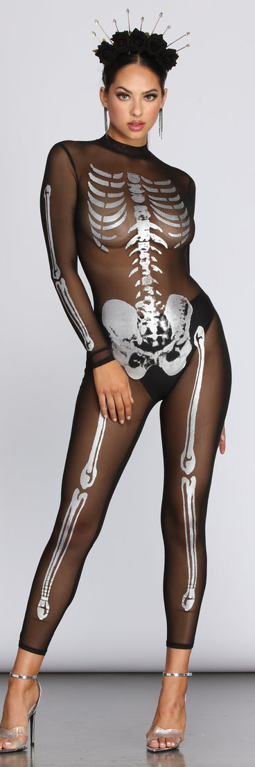 Bone Baddie Metallic Skeleton Jumpsuit will help you dress the part in stylish holiday party attire, an outfit for a New Year’s Eve party, & dressy or cocktail attire for any event.