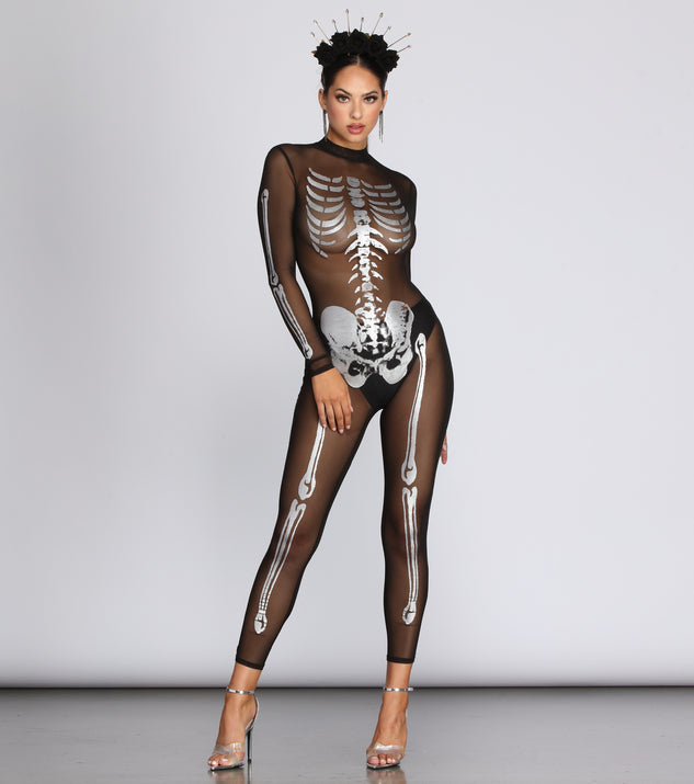 Bone Baddie Metallic Skeleton Jumpsuit will help you dress the part in stylish holiday party attire, an outfit for a New Year’s Eve party, & dressy or cocktail attire for any event.