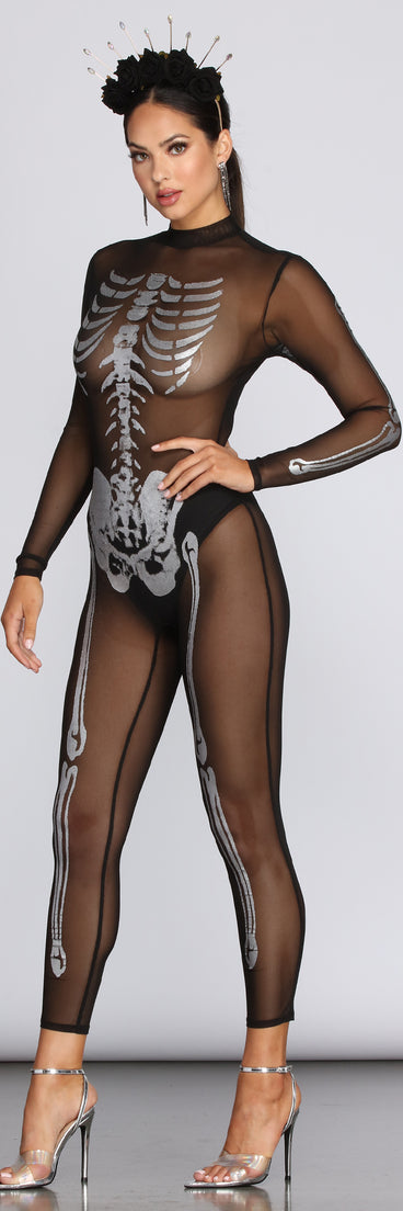 Bone Baddie Metallic Skeleton Jumpsuit for 2022 festival outfits, festival dress, outfits for raves, concert outfits, and/or club outfits