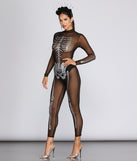 Bone Baddie Metallic Skeleton Jumpsuit for 2022 festival outfits, festival dress, outfits for raves, concert outfits, and/or club outfits