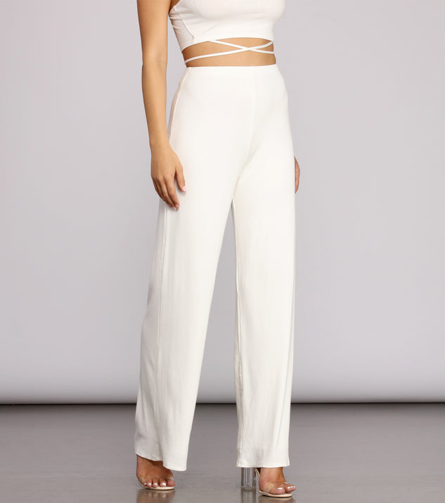 You’ll look stunning in the X Marks Ribbed Wide Pants when paired with its matching separate to create a glam clothing set perfect for a New Year’s Eve Party Outfit or Holiday Outfit for any event!