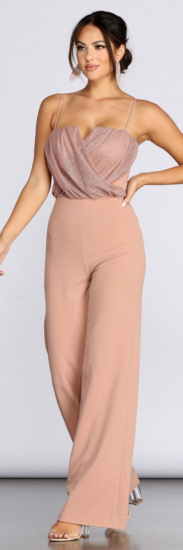 Glow Goddess Glitter Jumpsuit will help you dress the part in stylish holiday party attire, an outfit for a New Year’s Eve party, & dressy or cocktail attire for any event.