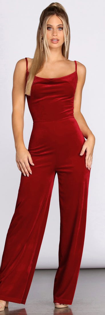 Cowl Neck Velvet Jumpsuit elevates your outfits for holiday events, Christmas attire, formal events, or holiday party dresses to look picture-perfect at any event this season!