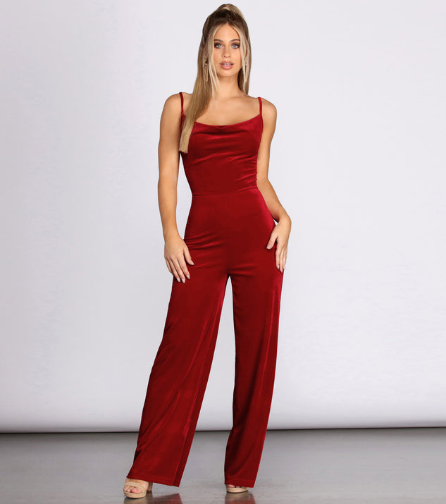 Cowl Neck Velvet Jumpsuit elevates your outfits for holiday events, Christmas attire, formal events, or holiday party dresses to look picture-perfect at any event this season!