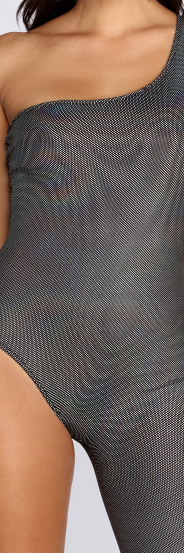 One Shoulder Iridescent Diva Catsuit for 2022 festival outfits, festival dress, outfits for raves, concert outfits, and/or club outfits
