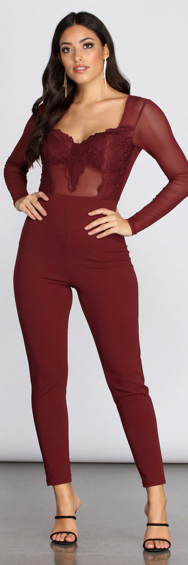 Under The Mistletoe Lace Jumpsuit will help you dress the part in stylish holiday party attire, an outfit for a New Year’s Eve party, & dressy or cocktail attire for any event.