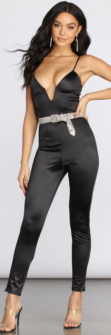 Take The Plunge Satin Jumpsuit provides a stylish start to creating your best summer outfits of the season with on-trend details for 2023!