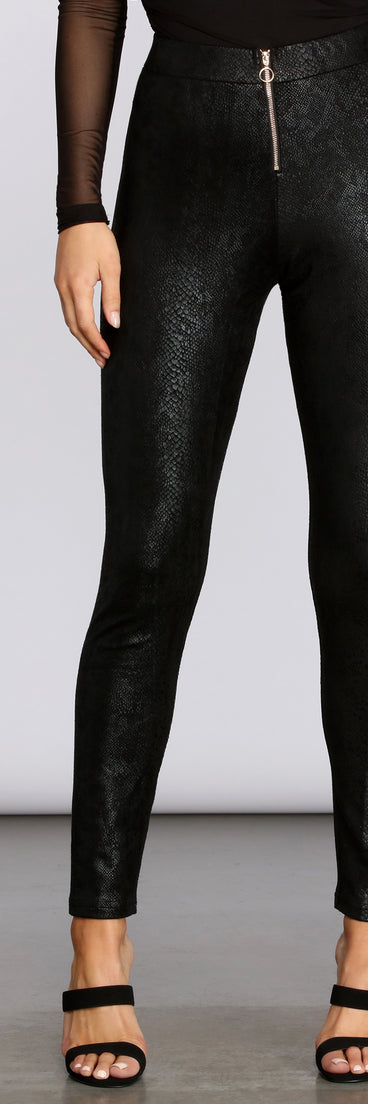 Zip Front Snake Print Coated Leggings for 2022 festival outfits, festival dress, outfits for raves, concert outfits, and/or club outfits