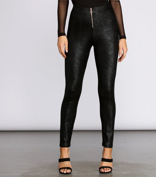 Zip Front Snake Print Coated Leggings for 2022 festival outfits, festival dress, outfits for raves, concert outfits, and/or club outfits