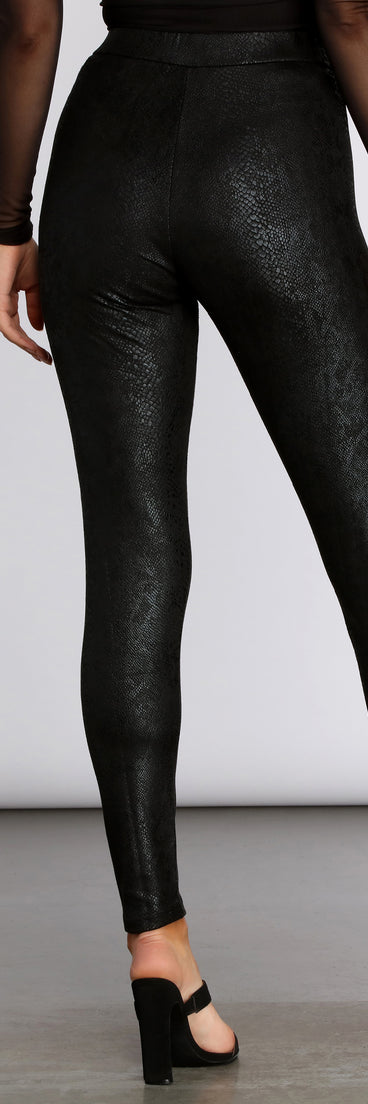Zip Front Snake Print Coated Leggings for 2022 festival outfits, festival dress, outfits for raves, concert outfits, and/or club outfits