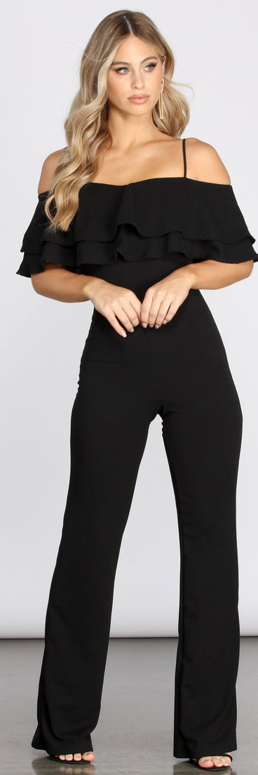 Off The Shoulder Popover Jumpsuit will help you dress the part in stylish holiday party attire, an outfit for a New Year’s Eve party, & dressy or cocktail attire for any event.