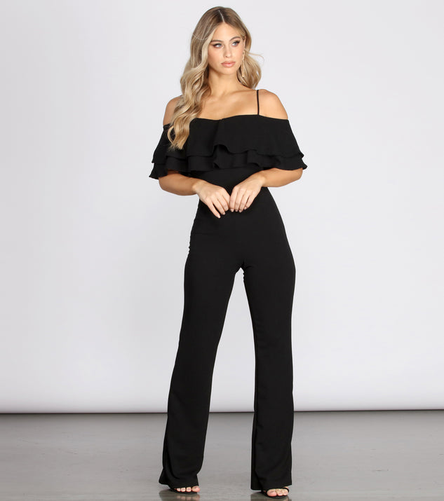 Off The Shoulder Popover Jumpsuit will help you dress the part in stylish holiday party attire, an outfit for a New Year’s Eve party, & dressy or cocktail attire for any event.