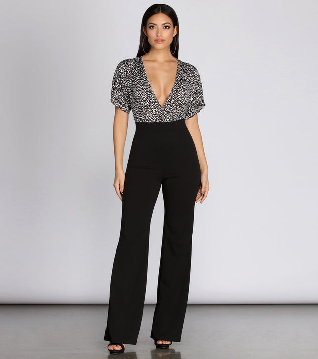 Spotted Leopard Top Jumpsuit will help you dress the part in stylish holiday party attire, an outfit for a New Year’s Eve party, & dressy or cocktail attire for any event.