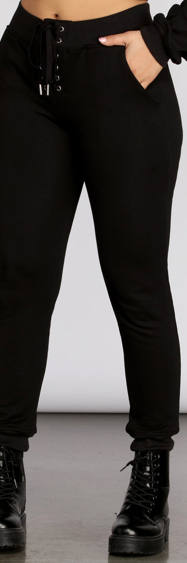 You’ll look stunning in the Lace Up High Waist Joggers when paired with its matching separate to create a glam clothing set perfect for a New Year’s Eve Party Outfit or Holiday Outfit for any event!