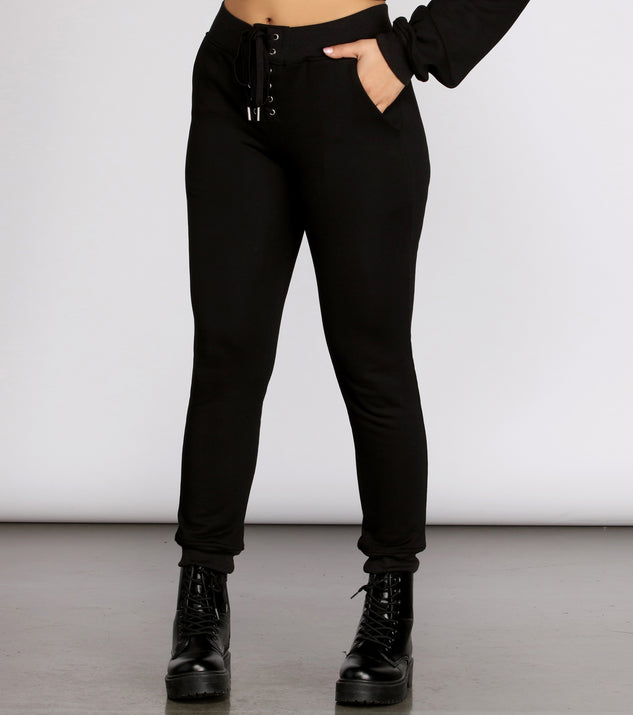 You’ll look stunning in the Lace Up High Waist Joggers when paired with its matching separate to create a glam clothing set perfect for a New Year’s Eve Party Outfit or Holiday Outfit for any event!