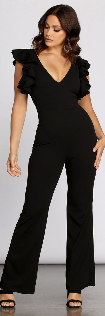 Ruffle Shoulder Power Jumpsuit provides a stylish start to creating your best summer outfits of the season with on-trend details for 2023!