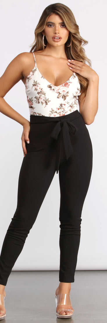 Floral Fusion Tie Waist Catsuit helps create the best bachelorette party outfit or the bride's sultry bachelorette dress for a look that slays!