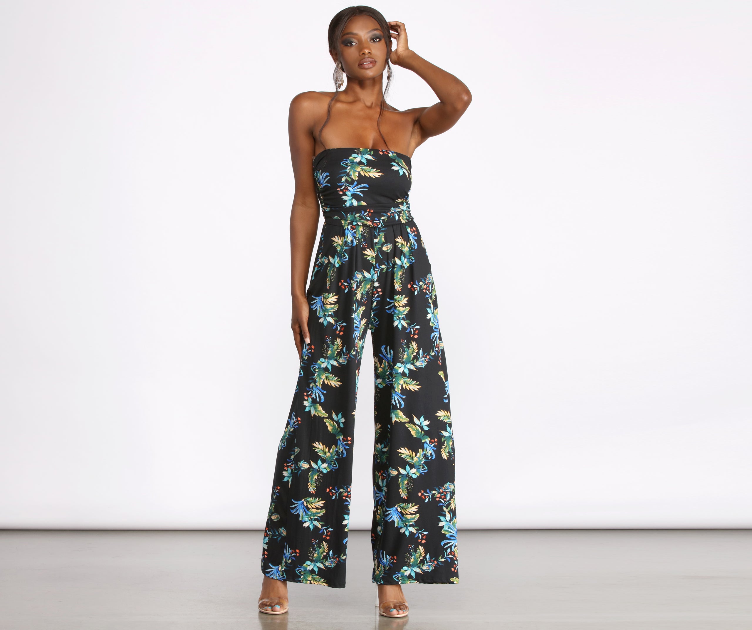 Tropical Print Wrap Jumpsuit - Navy/Multi or Black/Multi - Just $4