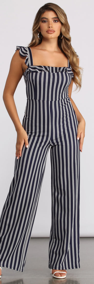 Sleeveless Ruffled Striped Jumpsuit provides a stylish start to creating your best summer outfits of the season with on-trend details for 2023!