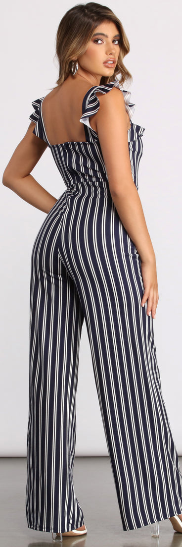 Sleeveless Ruffled Striped Jumpsuit provides a stylish start to creating your best summer outfits of the season with on-trend details for 2023!
