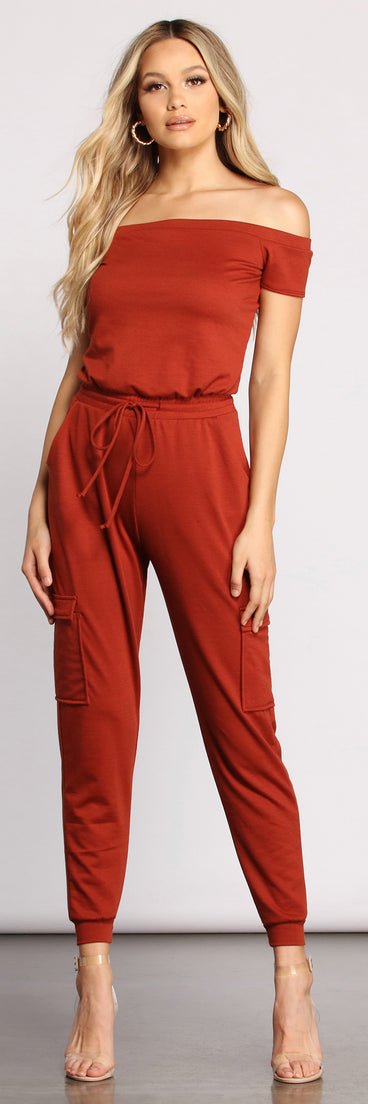 Carry On In Style Off The Shoulder Cargo Jumpsuit provides a stylish start to creating your best summer outfits of the season with on-trend details for 2023!