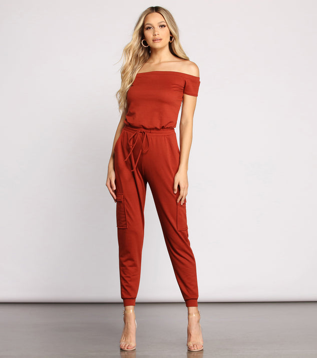 Carry On In Style Off The Shoulder Cargo Jumpsuit provides a stylish start to creating your best summer outfits of the season with on-trend details for 2023!