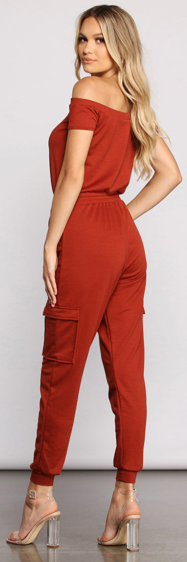 Carry On In Style Off The Shoulder Cargo Jumpsuit provides a stylish start to creating your best summer outfits of the season with on-trend details for 2023!