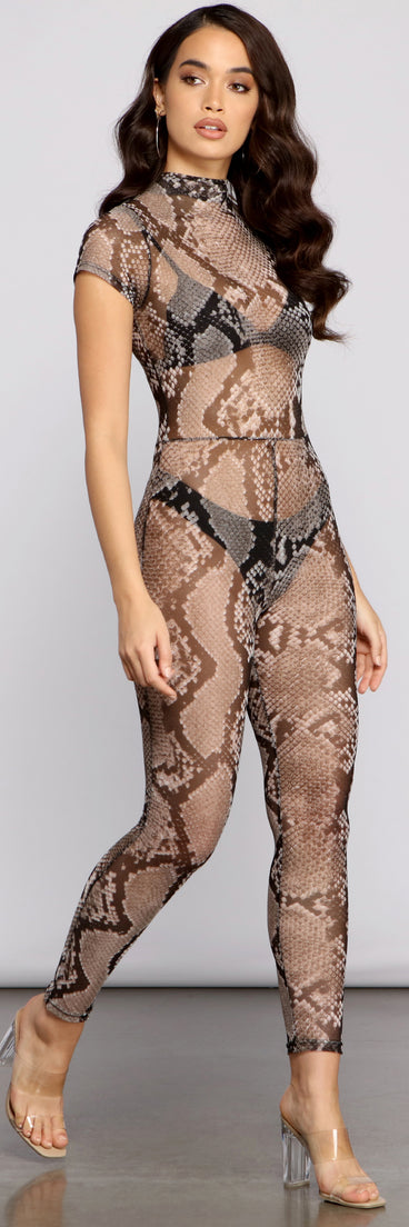 Sleek Snake Print Mesh Catsuit provides a stylish start to creating your best summer outfits of the season with on-trend details for 2023!