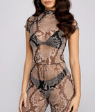 Sleek Snake Print Mesh Catsuit for 2023 festival outfits, festival dress, outfits for raves, concert outfits, and/or club outfits