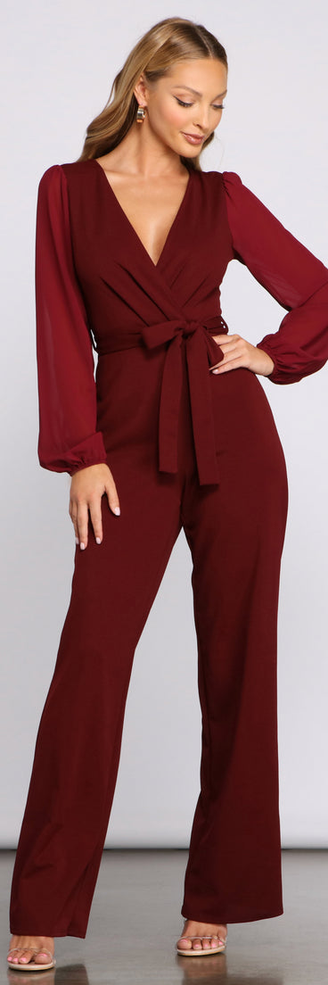 Effortless Beauty Chiffon Jumpsuit will help you dress the part in stylish holiday party attire, an outfit for a New Year’s Eve party, & dressy or cocktail attire for any event.
